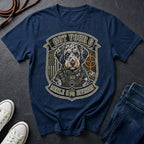 Aussiedoodle "Got Your 6" t-shirt design featuring a tactical distressed badge portrait of an Aussiedoodle on a Comfort Colors tee
