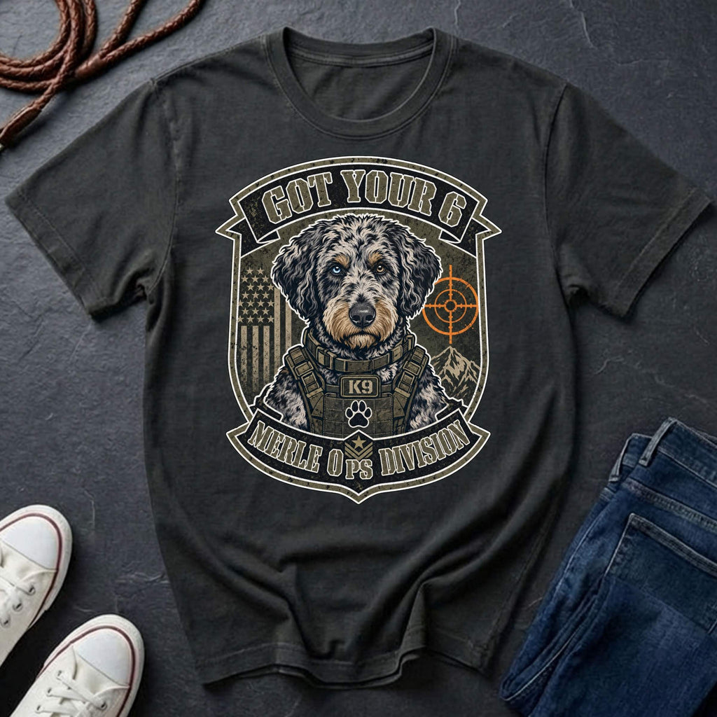 Aussiedoodle "Got Your 6" t-shirt design featuring a tactical distressed badge portrait of an Aussiedoodle on a Comfort Colors tee