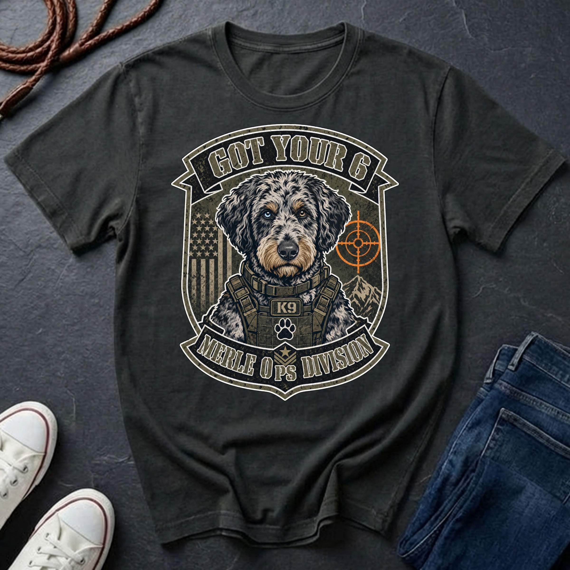 Aussiedoodle "Got Your 6" t-shirt design featuring a tactical distressed badge portrait of an Aussiedoodle on a Comfort Colors tee
