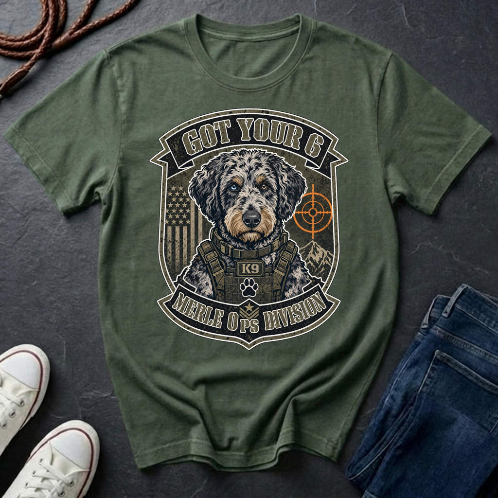 Aussiedoodle "Got Your 6" t-shirt design featuring a tactical distressed badge portrait of an Aussiedoodle on a Comfort Colors tee