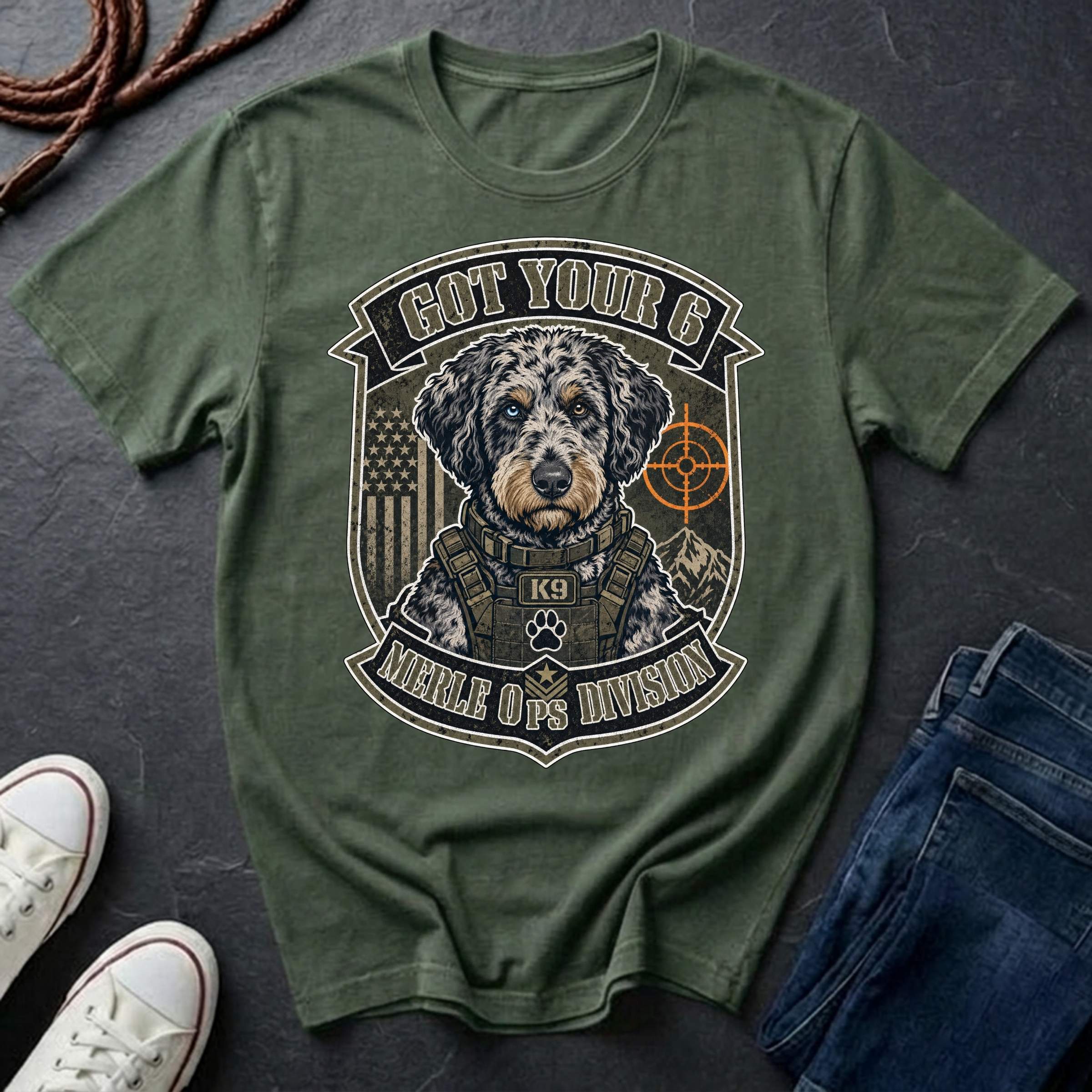 Aussiedoodle "Got Your 6" t-shirt design featuring a tactical distressed badge portrait of an Aussiedoodle on a Comfort Colors tee