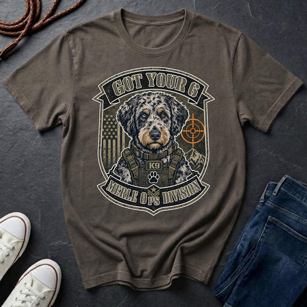 Aussiedoodle "Got Your 6" t-shirt design featuring a tactical distressed badge portrait of an Aussiedoodle on a Comfort Colors tee