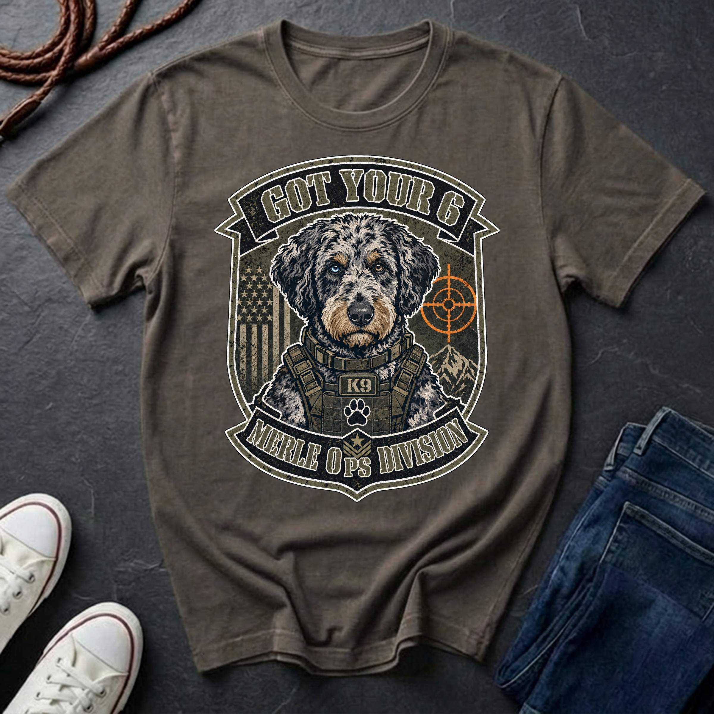 Aussiedoodle "Got Your 6" t-shirt design featuring a tactical distressed badge portrait of an Aussiedoodle on a Comfort Colors tee