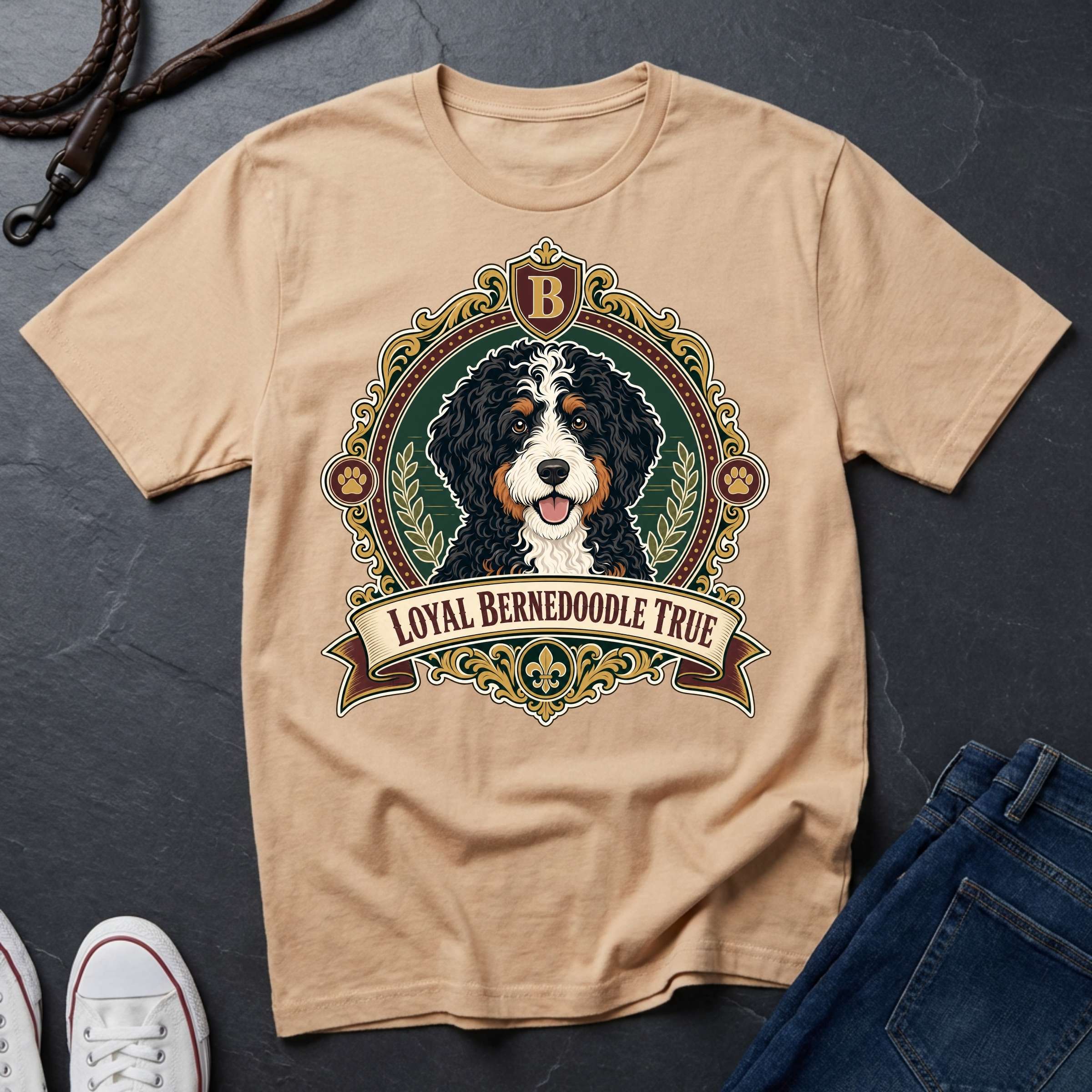 Bernedoodle Heritage Badge t-shirt design featuring a vintage crest with tri-color Bernedoodle portrait on Comfort Colors tee