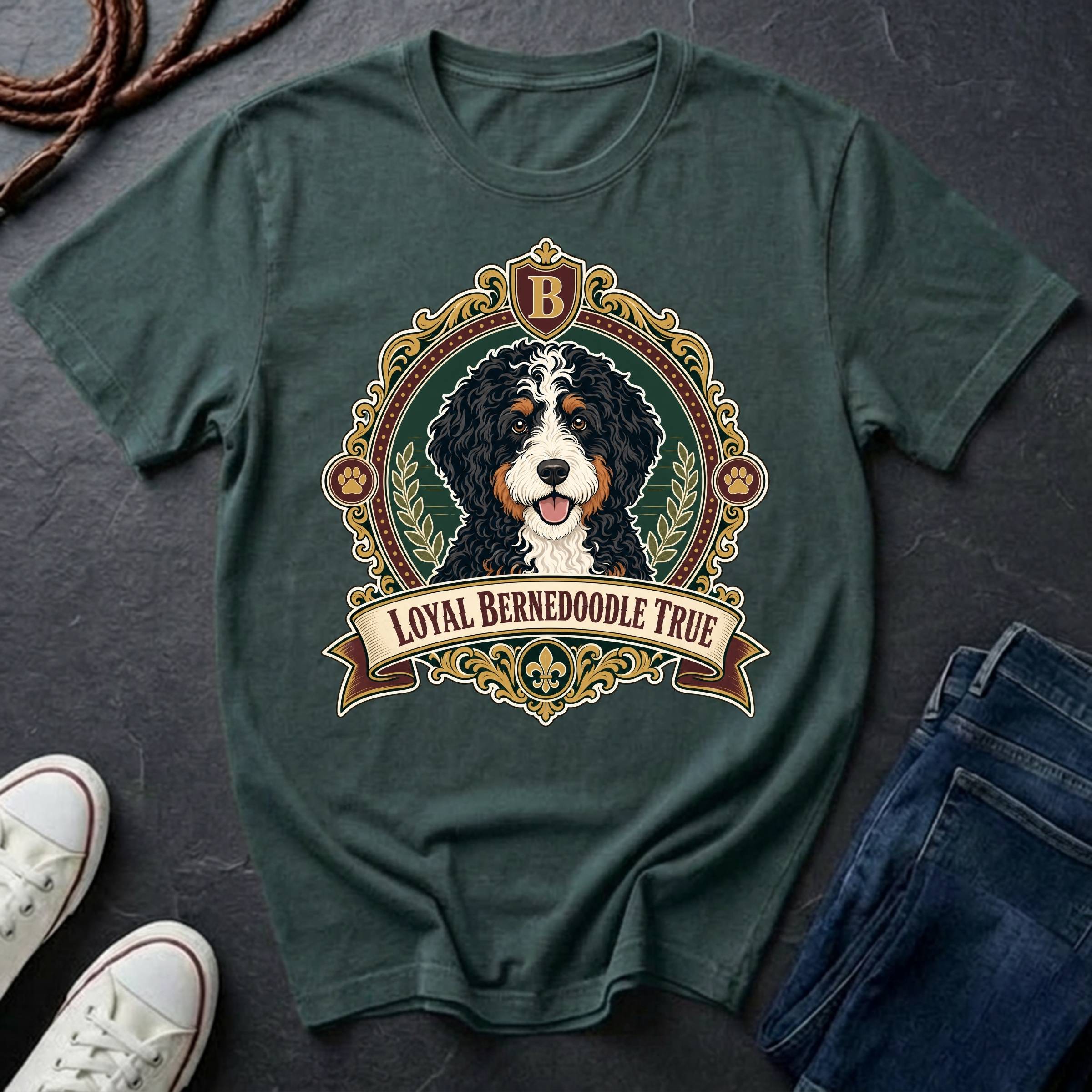 Bernedoodle Heritage Badge t-shirt design featuring a vintage crest with tri-color Bernedoodle portrait on Comfort Colors tee
