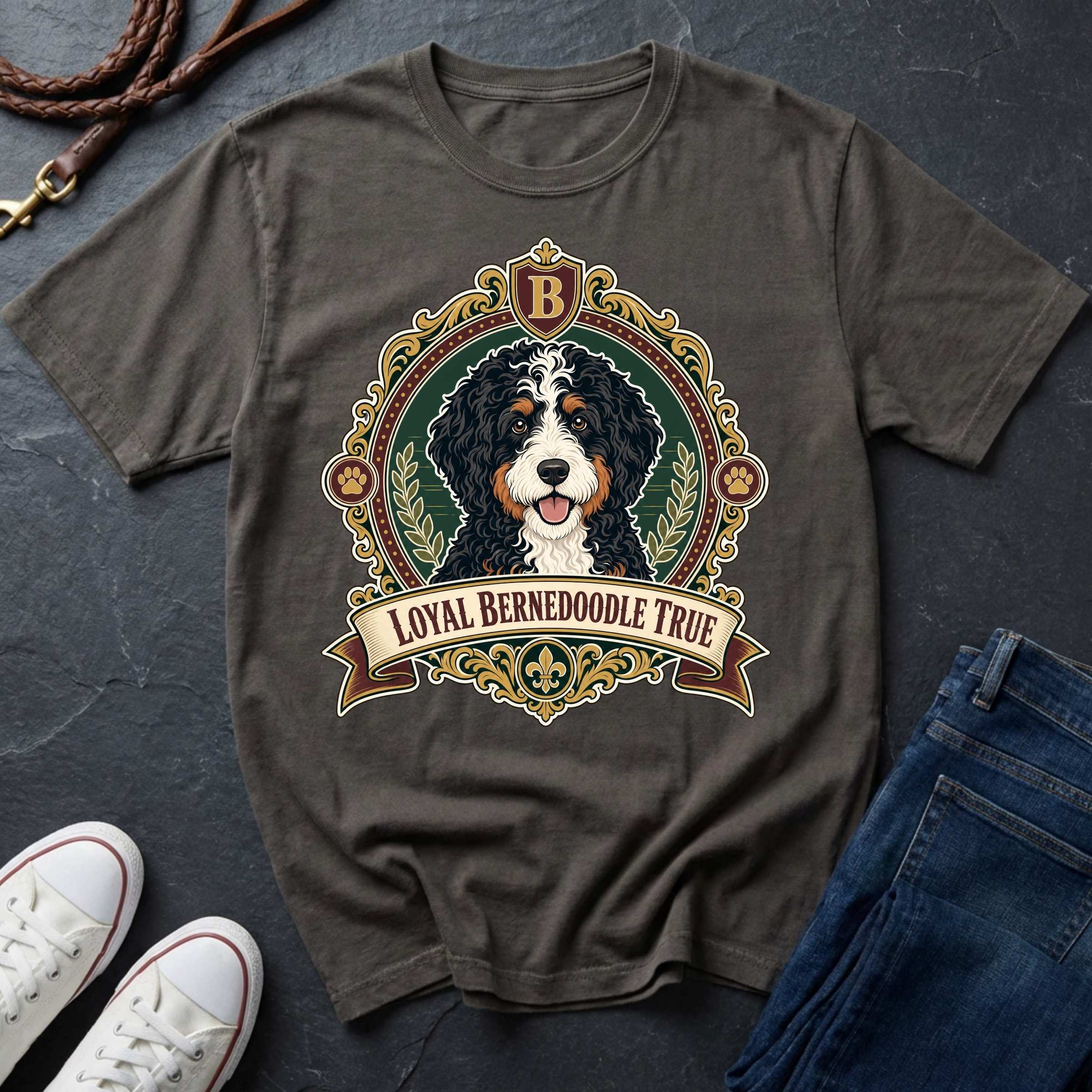 Bernedoodle Heritage Badge t-shirt design featuring a vintage crest with tri-color Bernedoodle portrait on Comfort Colors tee