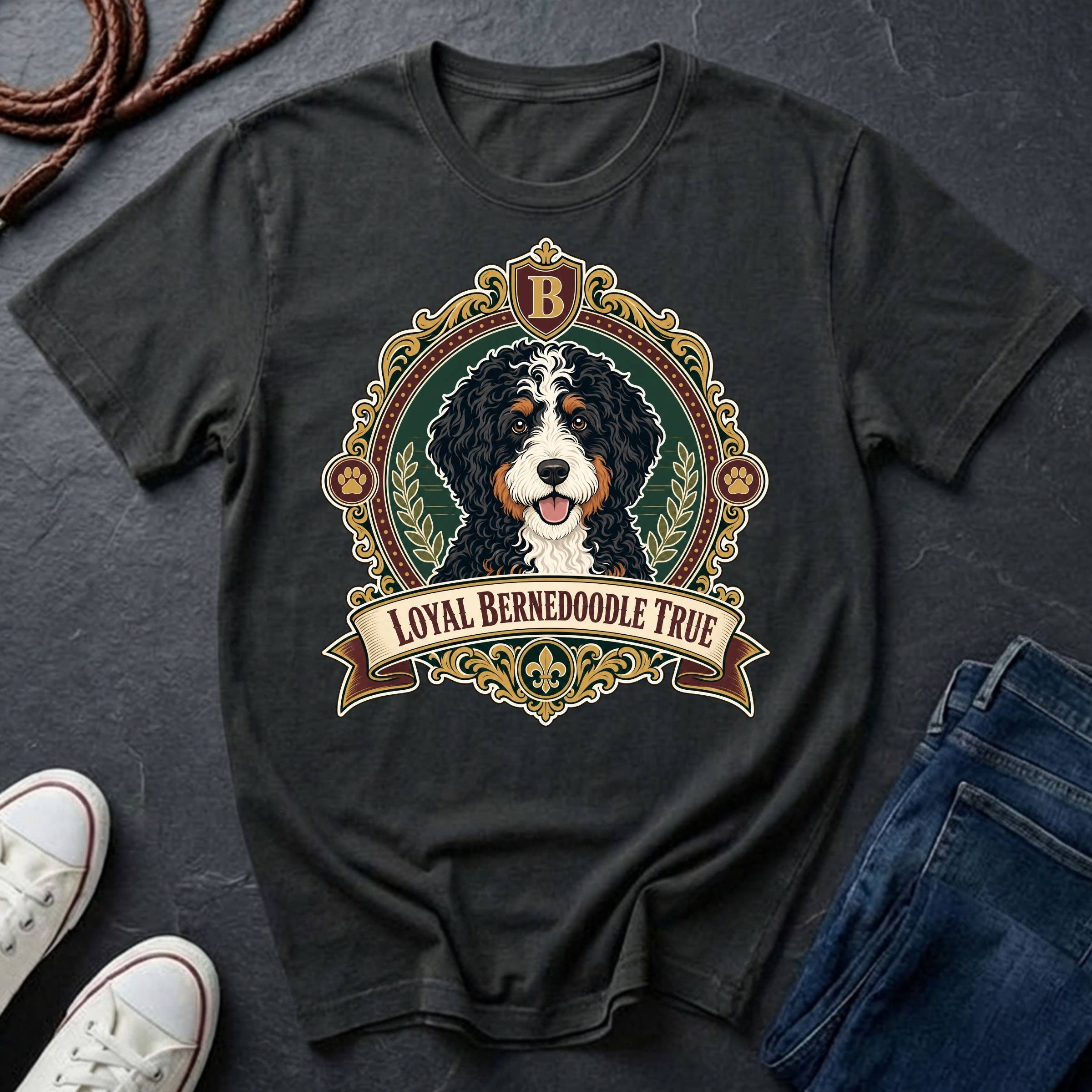 Bernedoodle Heritage Badge t-shirt design featuring a vintage crest with tri-color Bernedoodle portrait on Comfort Colors tee