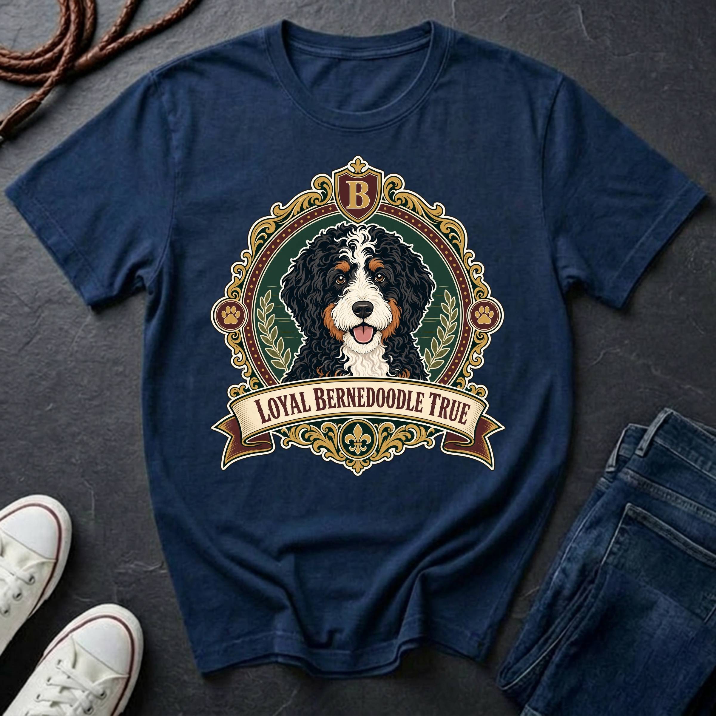 Bernedoodle Heritage Badge t-shirt design featuring a vintage crest with tri-color Bernedoodle portrait on Comfort Colors tee