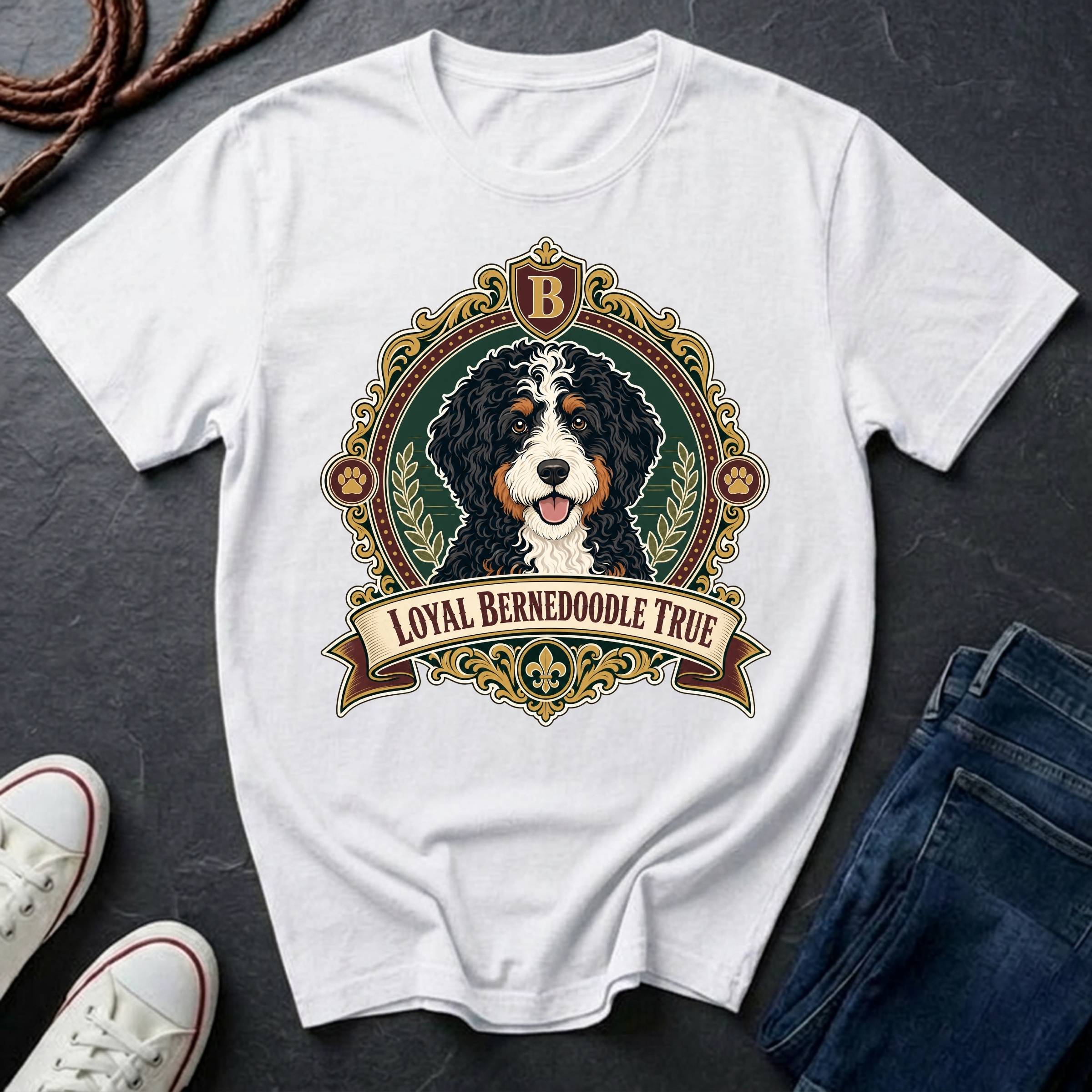 Bernedoodle Heritage Badge t-shirt design featuring a vintage crest with tri-color Bernedoodle portrait on Comfort Colors tee