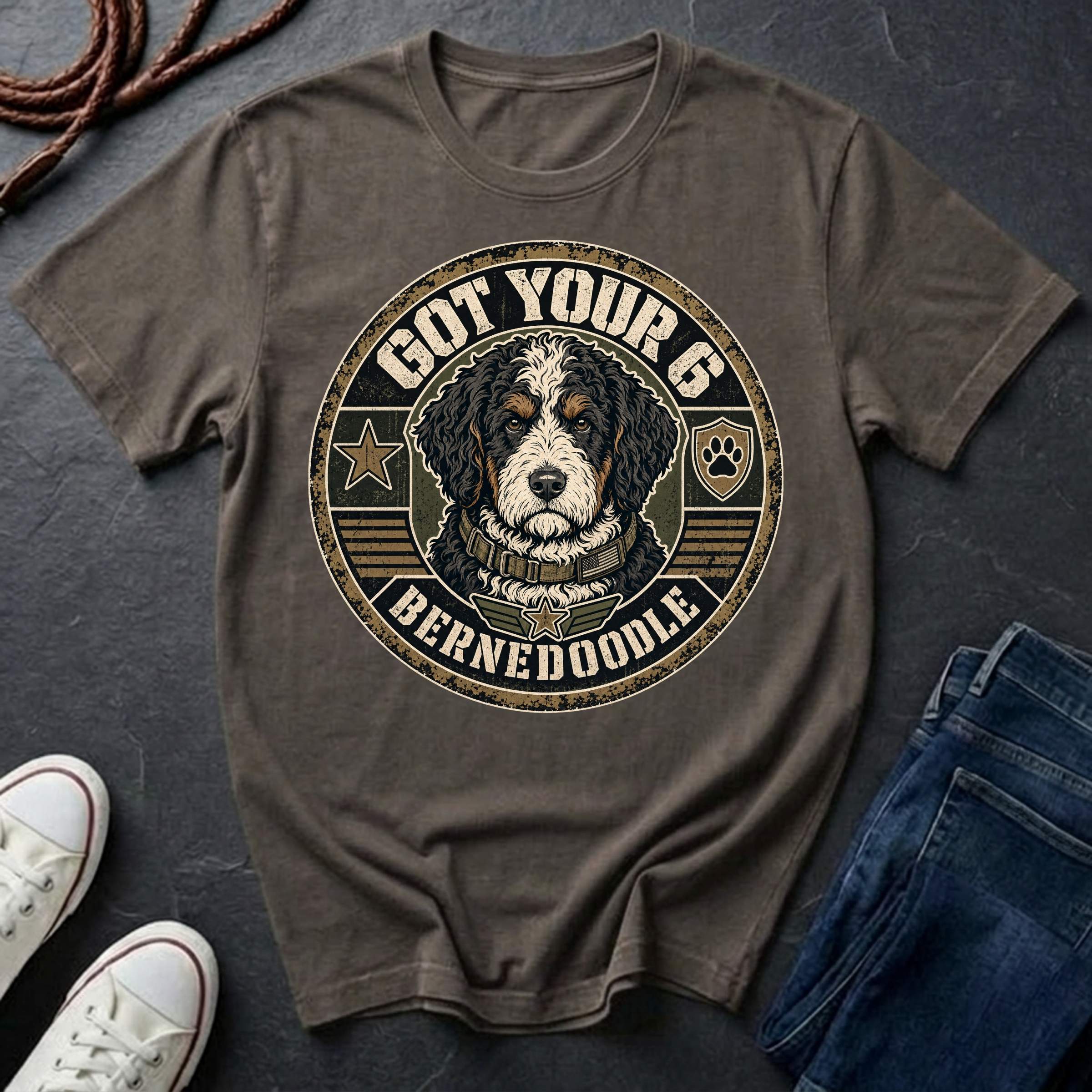 Bernedoodle Got Your 6 t-shirt design featuring a distressed tactical badge with military stencil text on Comfort Colors tee
