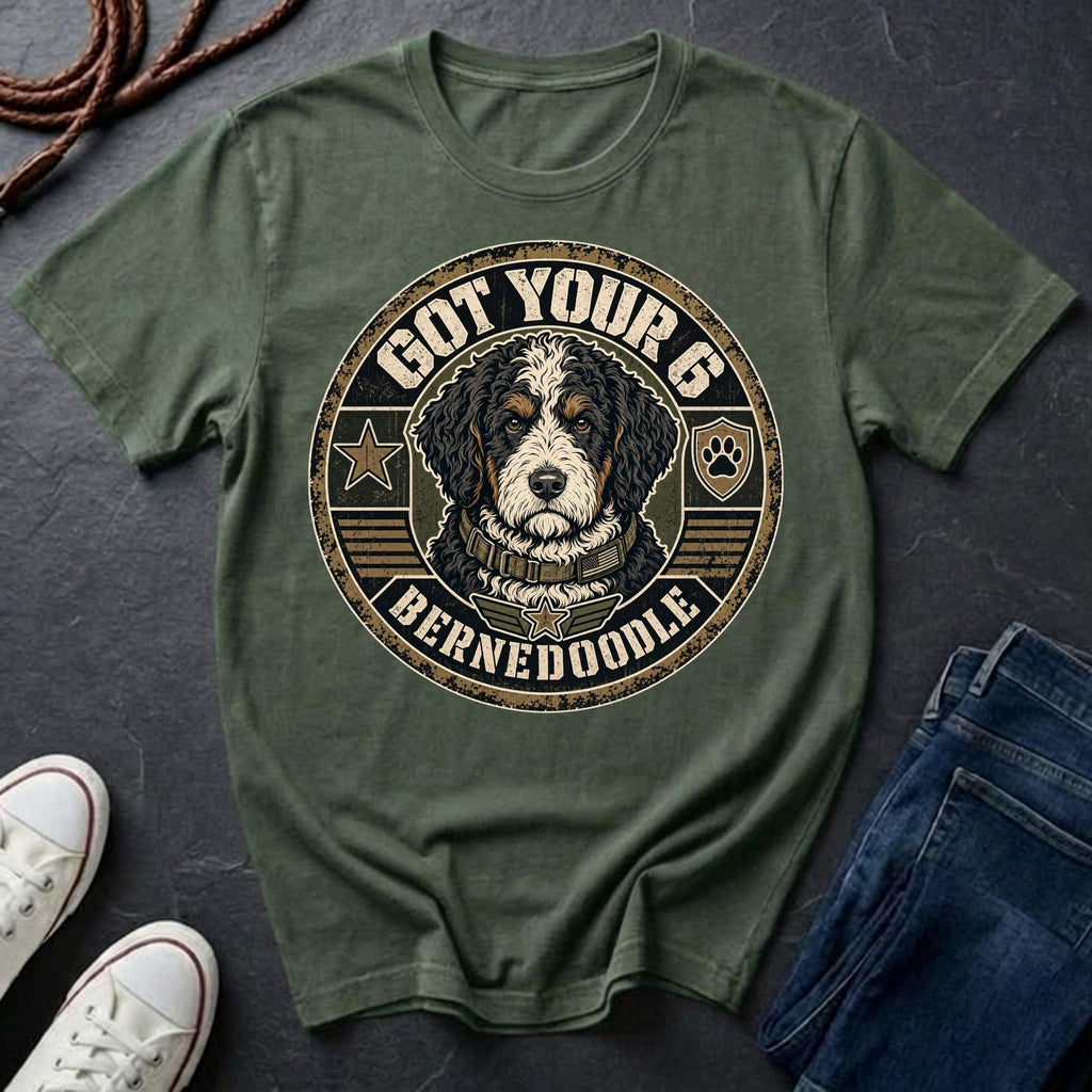 Bernedoodle Got Your 6 t-shirt design featuring a distressed tactical badge with military stencil text on Comfort Colors tee
