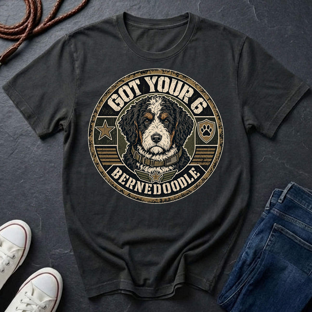 Bernedoodle Got Your 6 t-shirt design featuring a distressed tactical badge with military stencil text on Comfort Colors tee

