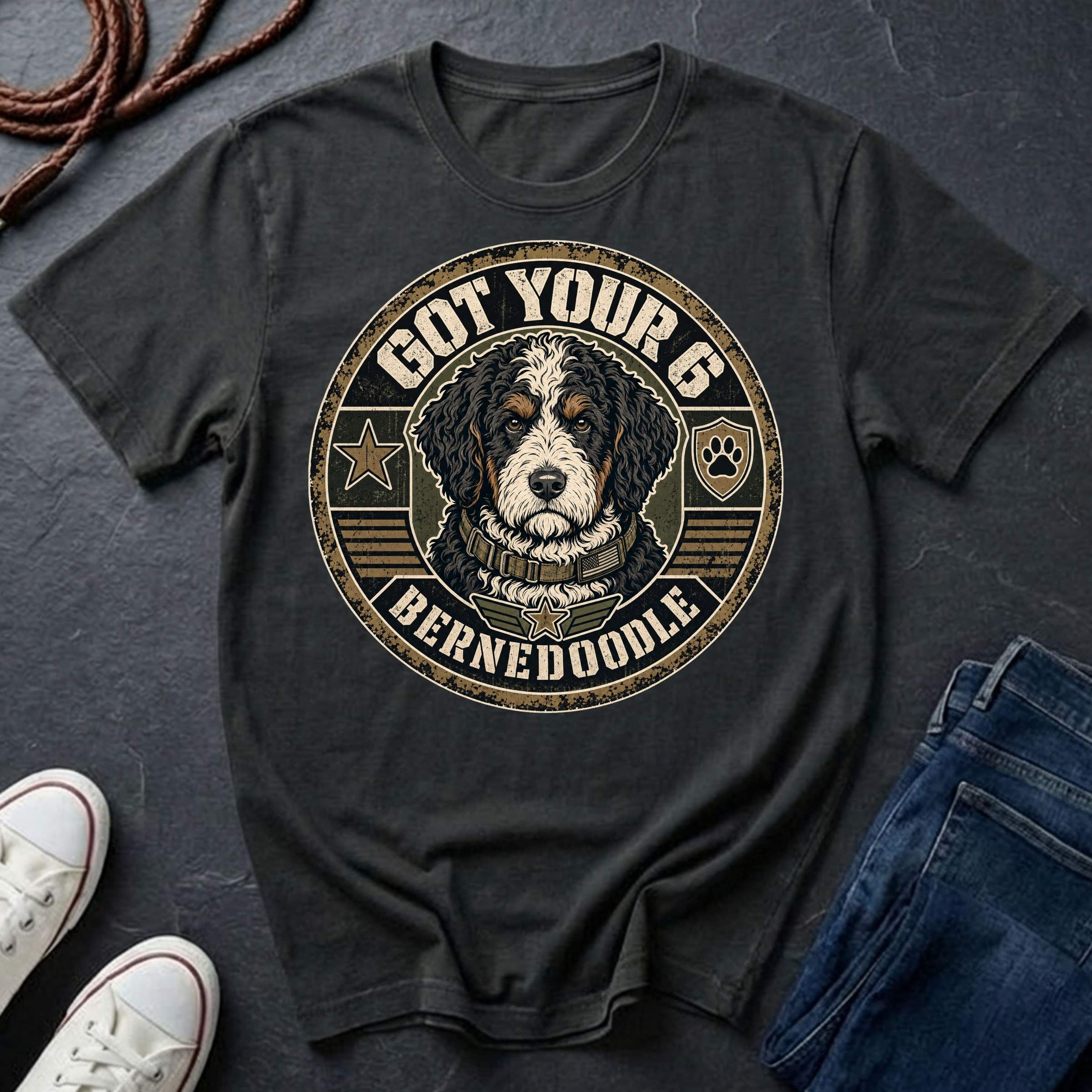 Bernedoodle Got Your 6 t-shirt design featuring a distressed tactical badge with military stencil text on Comfort Colors tee
