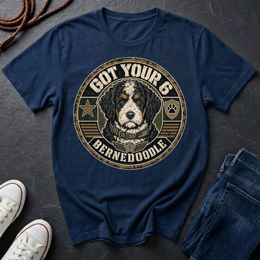 Bernedoodle Got Your 6 t-shirt design featuring a distressed tactical badge with military stencil text on Comfort Colors tee

