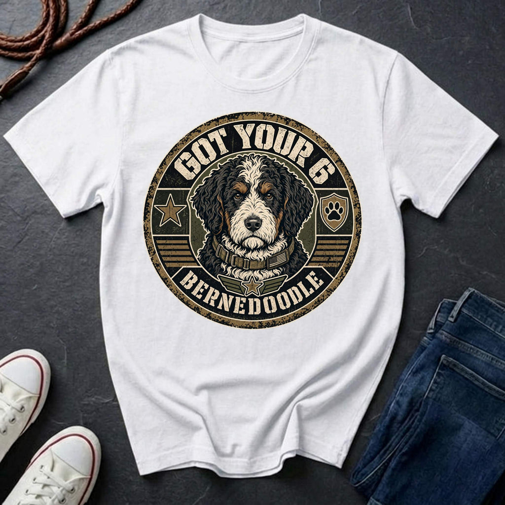 Bernedoodle Got Your 6 t-shirt design featuring a distressed tactical badge with military stencil text on Comfort Colors tee
