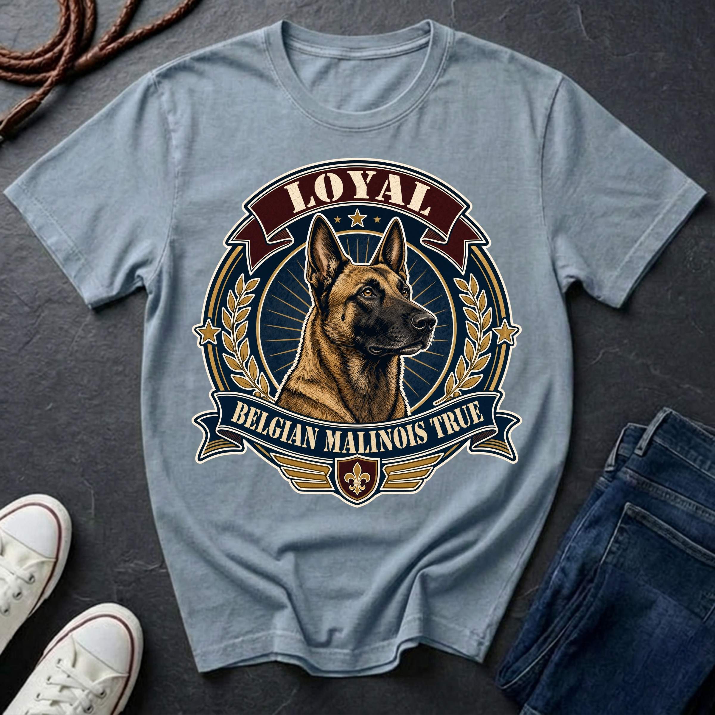 Belgian Malinois Heritage Badge t-shirt design featuring a vintage crest portrait of a Belgian Malinois with laurel wreath and "Loyal Belgian Malinois True" banner on a Comfort Colors tee