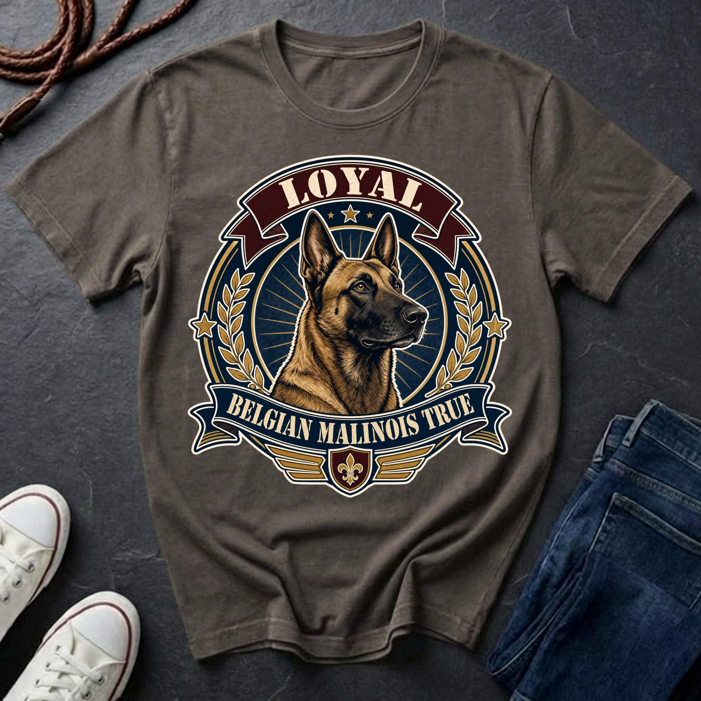 Belgian Malinois Heritage Badge t-shirt design featuring a vintage crest portrait of a Belgian Malinois with laurel wreath and "Loyal Belgian Malinois True" banner on a Comfort Colors tee