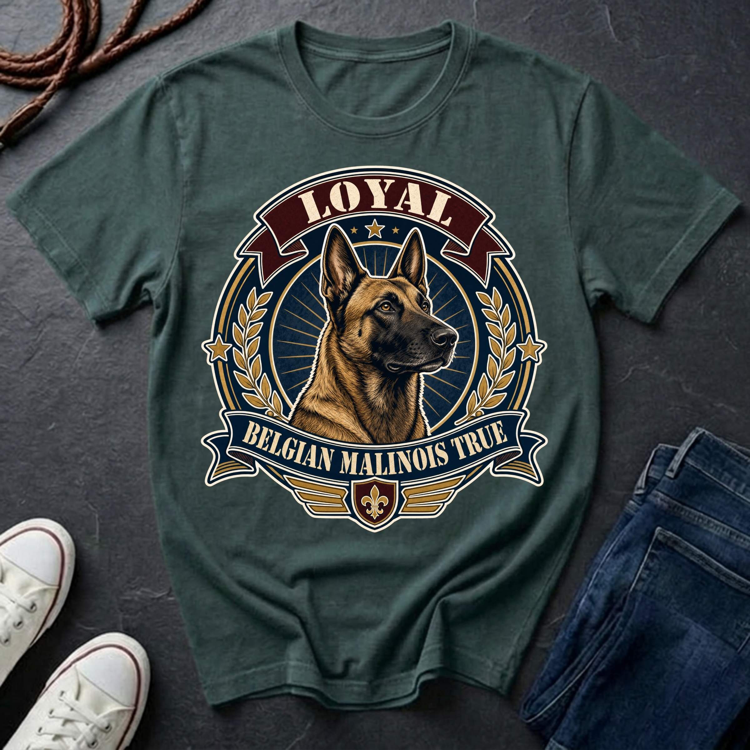 Belgian Malinois Heritage Badge t-shirt design featuring a vintage crest portrait of a Belgian Malinois with laurel wreath and "Loyal Belgian Malinois True" banner on a Comfort Colors tee
