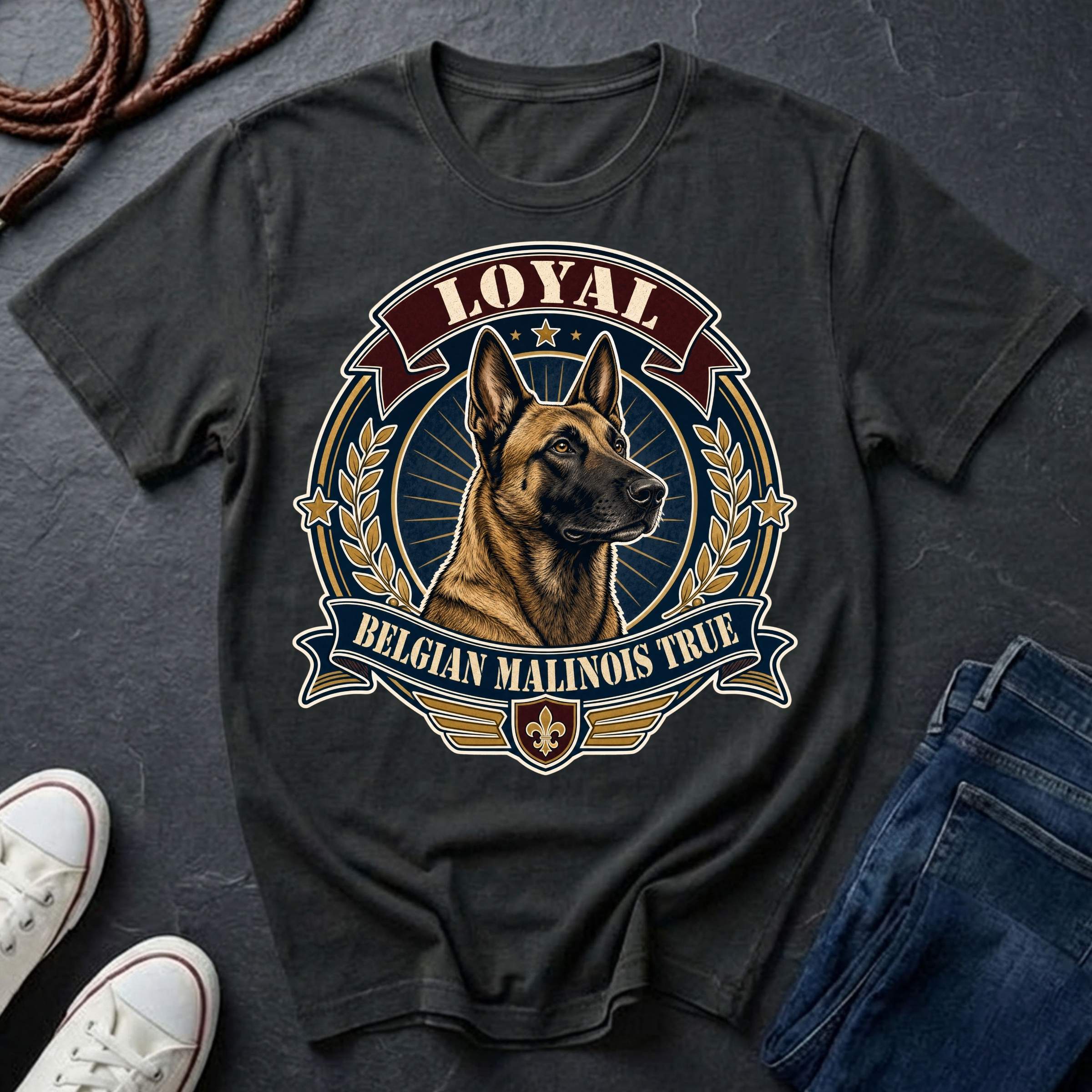 Belgian Malinois Heritage Badge t-shirt design featuring a vintage crest portrait of a Belgian Malinois with laurel wreath and "Loyal Belgian Malinois True" banner on a Comfort Colors tee
