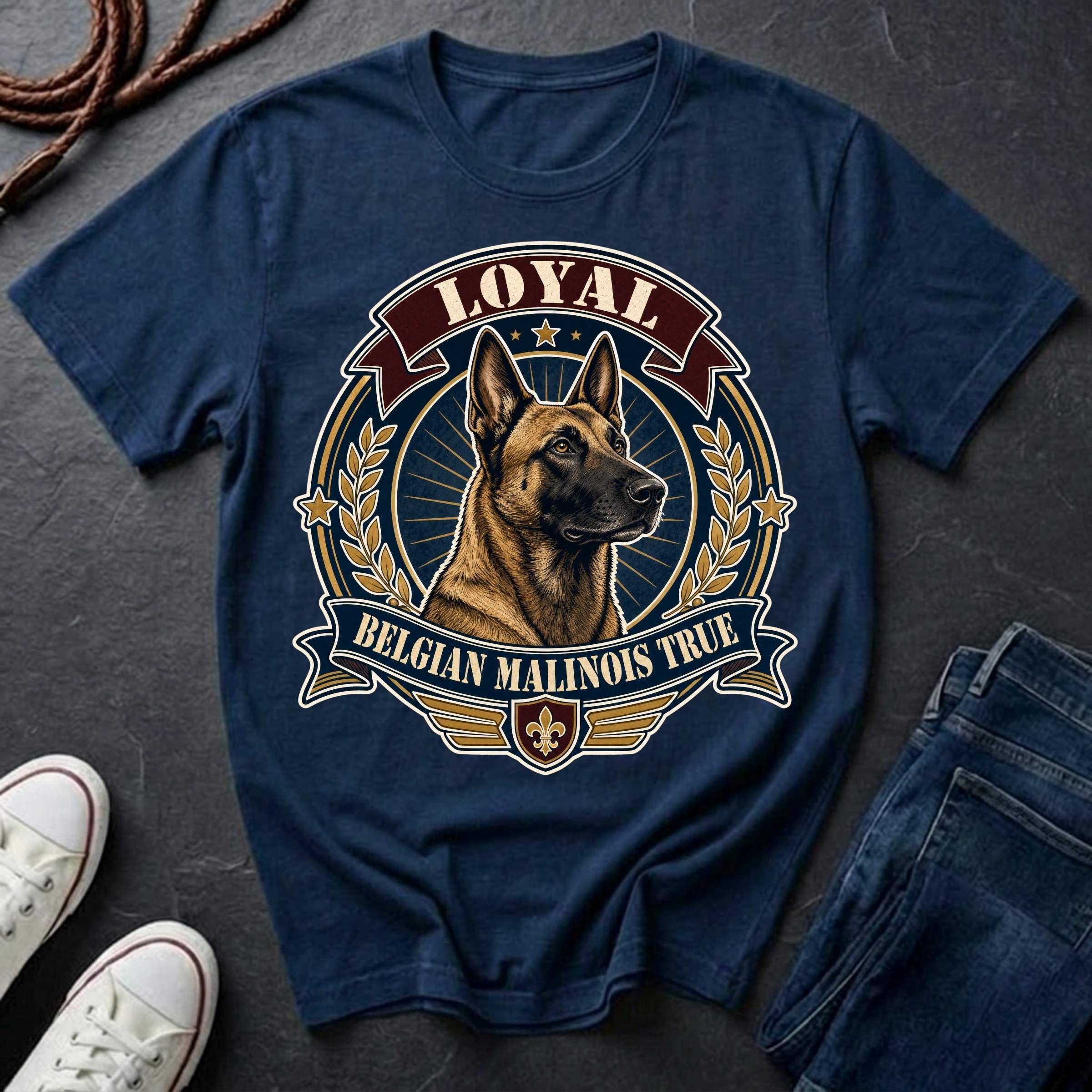 Belgian Malinois Heritage Badge t-shirt design featuring a vintage crest portrait of a Belgian Malinois with laurel wreath and "Loyal Belgian Malinois True" banner on a Comfort Colors tee