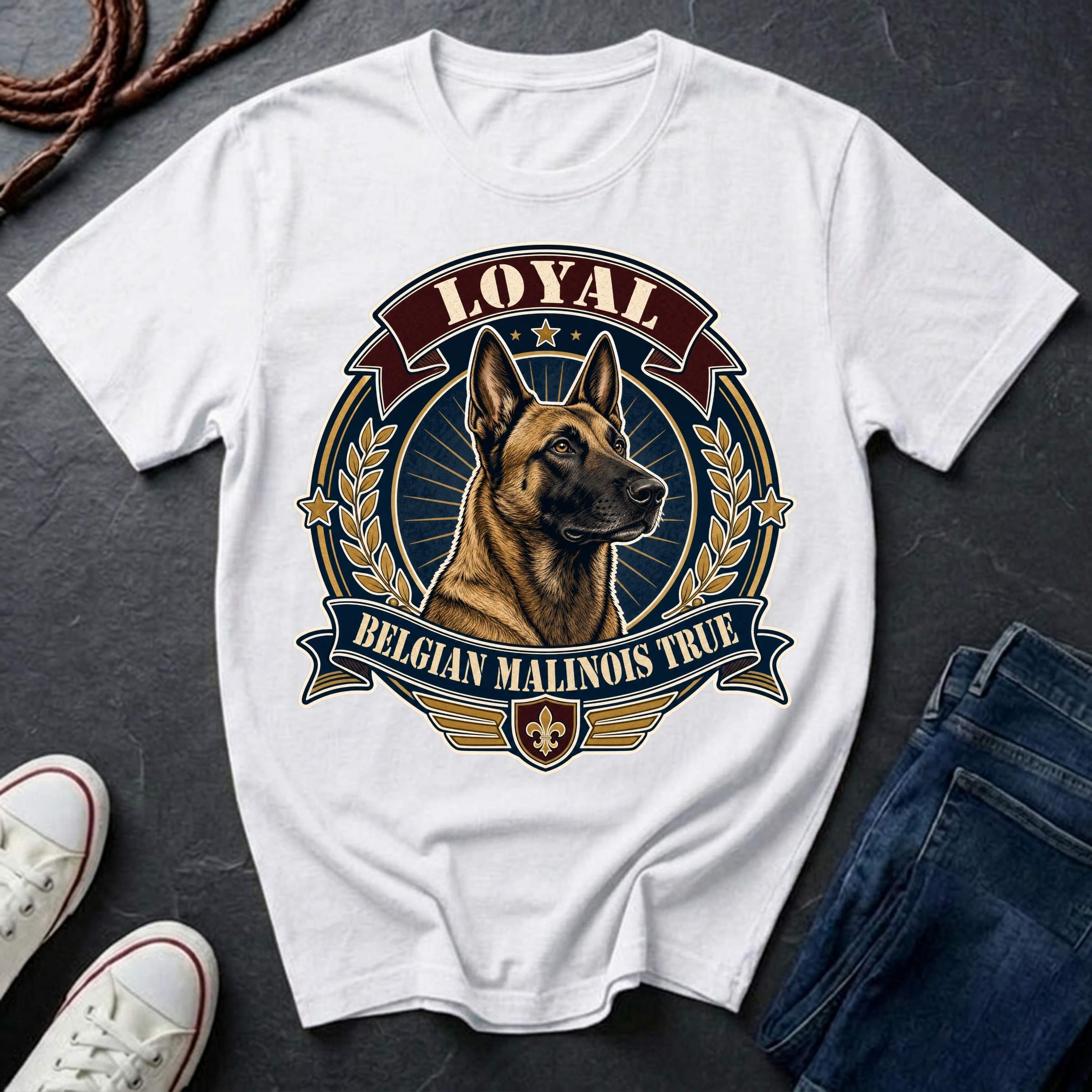 Belgian Malinois Heritage Badge t-shirt design featuring a vintage crest portrait of a Belgian Malinois with laurel wreath and "Loyal Belgian Malinois True" banner on a Comfort Colors tee