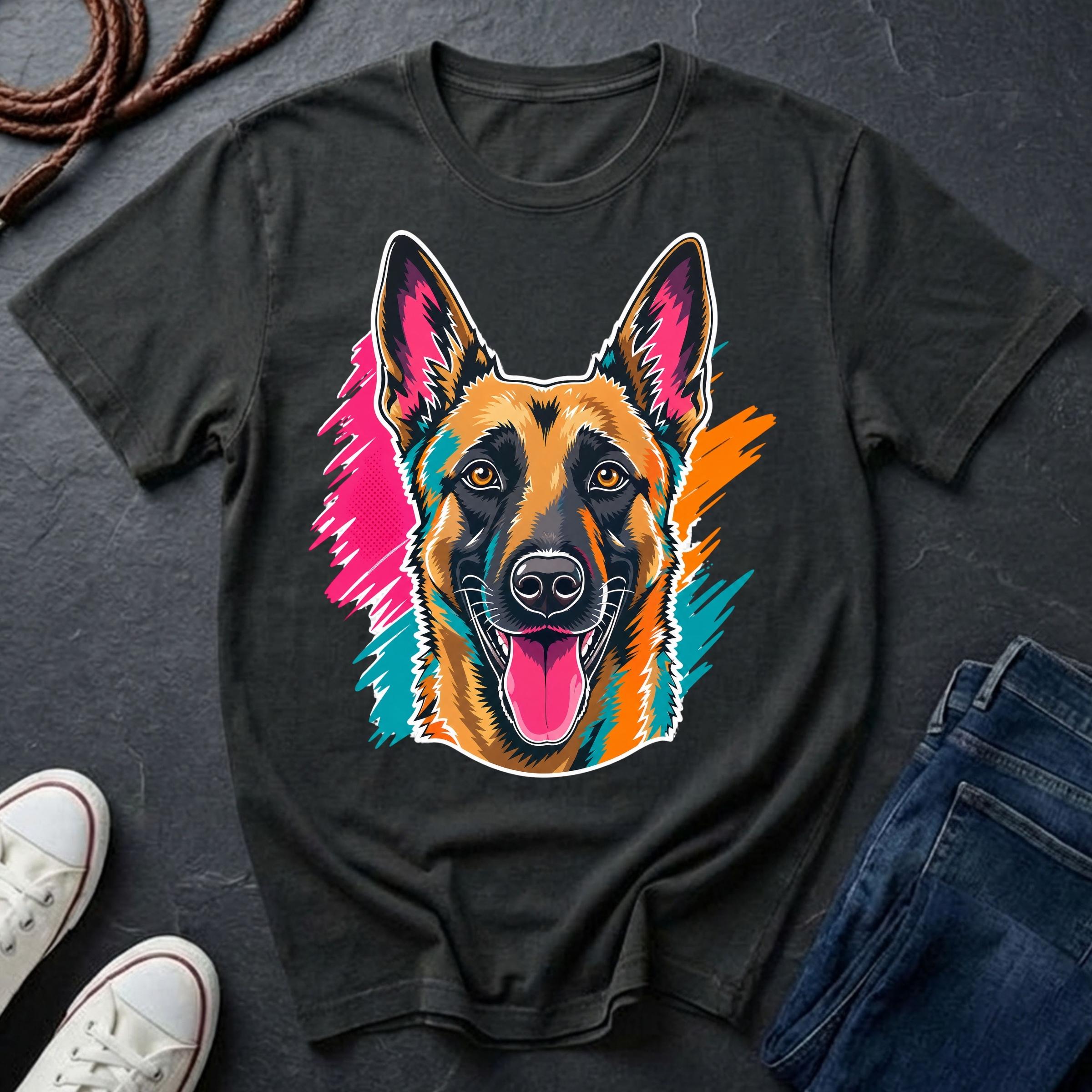 Belgian Malinois Pop Art t-shirt design featuring a vibrant flat-vector color-block portrait of a Belgian Malinois on a Comfort Colors tee