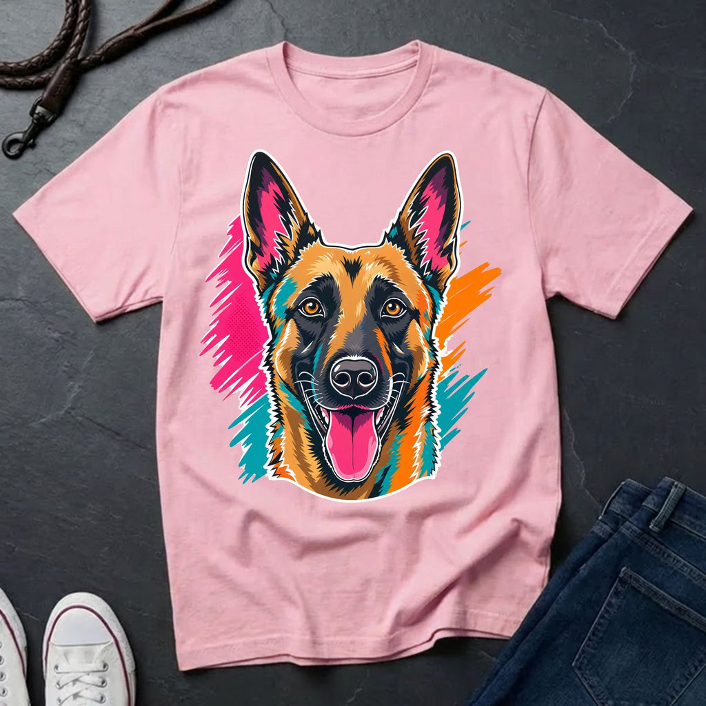 Belgian Malinois Pop Art t-shirt design featuring a vibrant flat-vector color-block portrait of a Belgian Malinois on a Comfort Colors tee