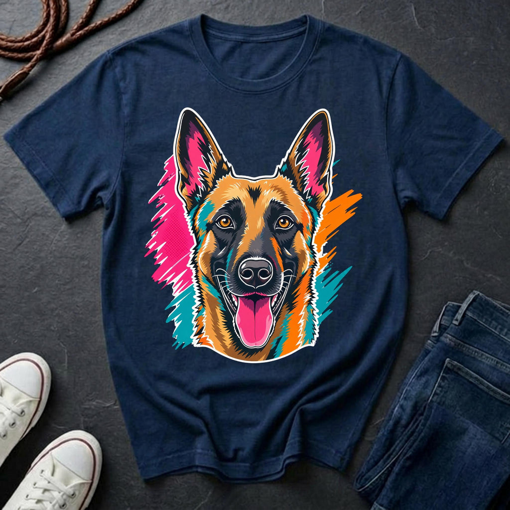 Belgian Malinois Pop Art t-shirt design featuring a vibrant flat-vector color-block portrait of a Belgian Malinois on a Comfort Colors tee