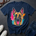Belgian Malinois Pop Art t-shirt design featuring a vibrant flat-vector color-block portrait of a Belgian Malinois on a Comfort Colors tee