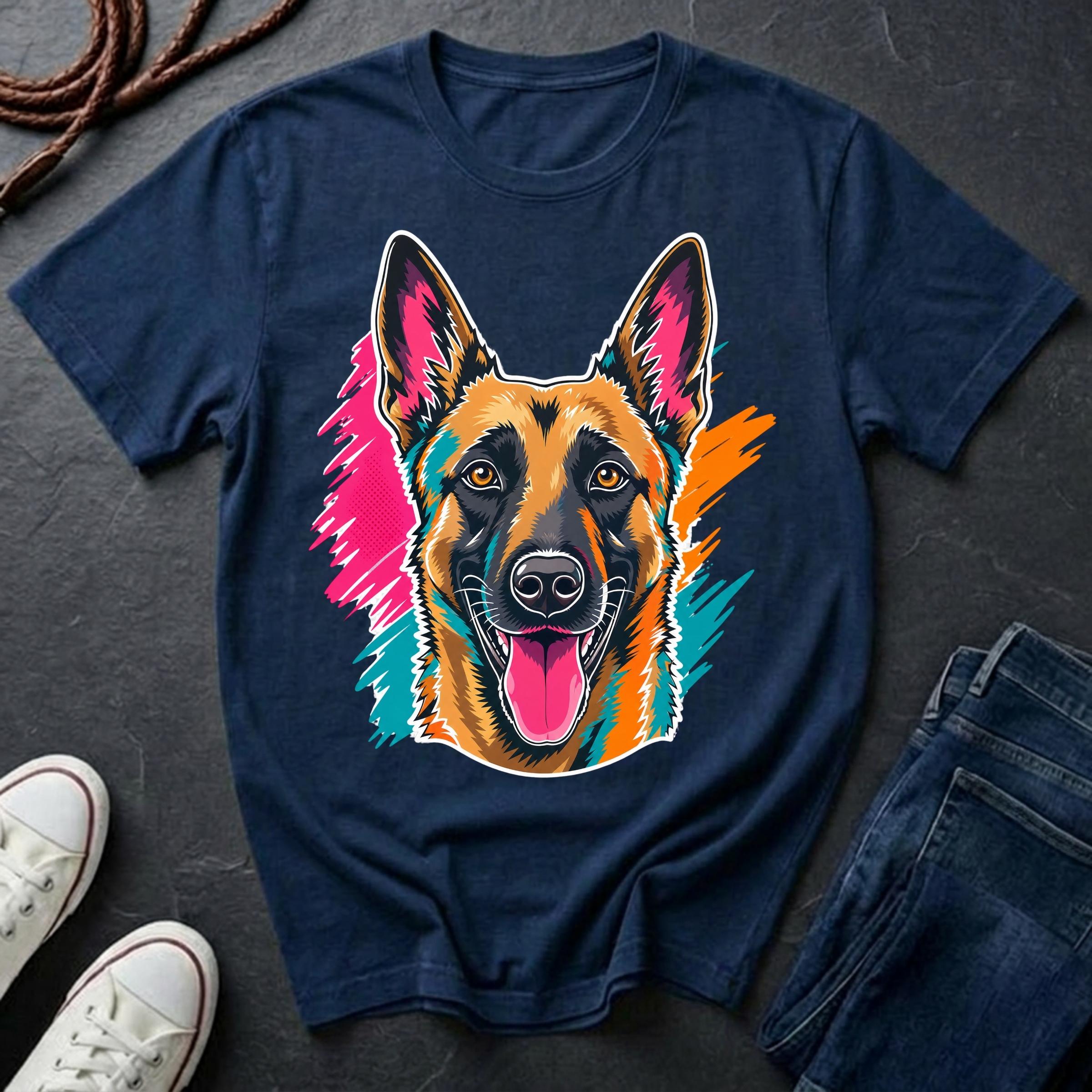 Belgian Malinois Pop Art t-shirt design featuring a vibrant flat-vector color-block portrait of a Belgian Malinois on a Comfort Colors tee