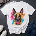 Belgian Malinois Pop Art t-shirt design featuring a vibrant flat-vector color-block portrait of a Belgian Malinois on a Comfort Colors tee