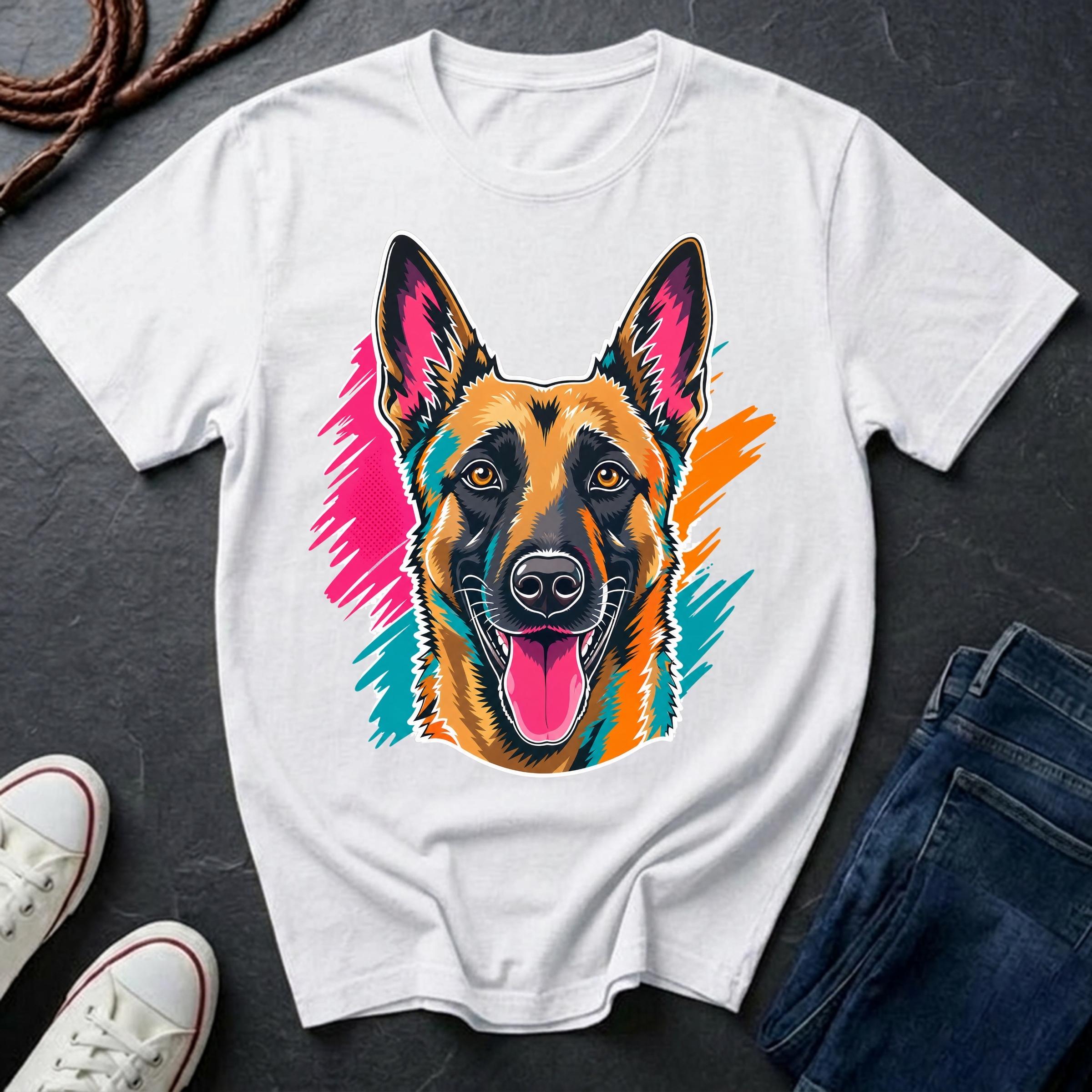 Belgian Malinois Pop Art t-shirt design featuring a vibrant flat-vector color-block portrait of a Belgian Malinois on a Comfort Colors tee