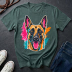 Belgian Malinois Pop Art t-shirt design featuring a vibrant flat-vector color-block portrait of a Belgian Malinois on a Comfort Colors tee