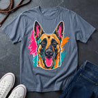 Belgian Malinois Pop Art t-shirt design featuring a vibrant flat-vector color-block portrait of a Belgian Malinois on a Comfort Colors tee