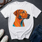  Rhodesian Ridgeback Pop Art t-shirt design featuring a vibrant flat-vector color-block portrait of a Rhodesian Ridgeback on a Comfort Colors tee