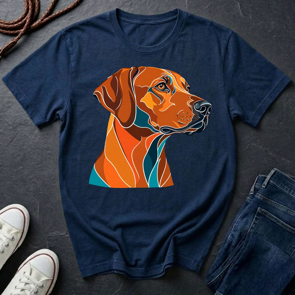  Rhodesian Ridgeback Pop Art t-shirt design featuring a vibrant flat-vector color-block portrait of a Rhodesian Ridgeback on a Comfort Colors tee