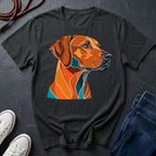  Rhodesian Ridgeback Pop Art t-shirt design featuring a vibrant flat-vector color-block portrait of a Rhodesian Ridgeback on a Comfort Colors tee
