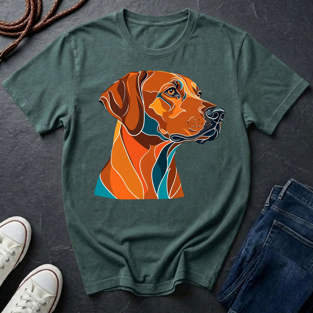  Rhodesian Ridgeback Pop Art t-shirt design featuring a vibrant flat-vector color-block portrait of a Rhodesian Ridgeback on a Comfort Colors tee
