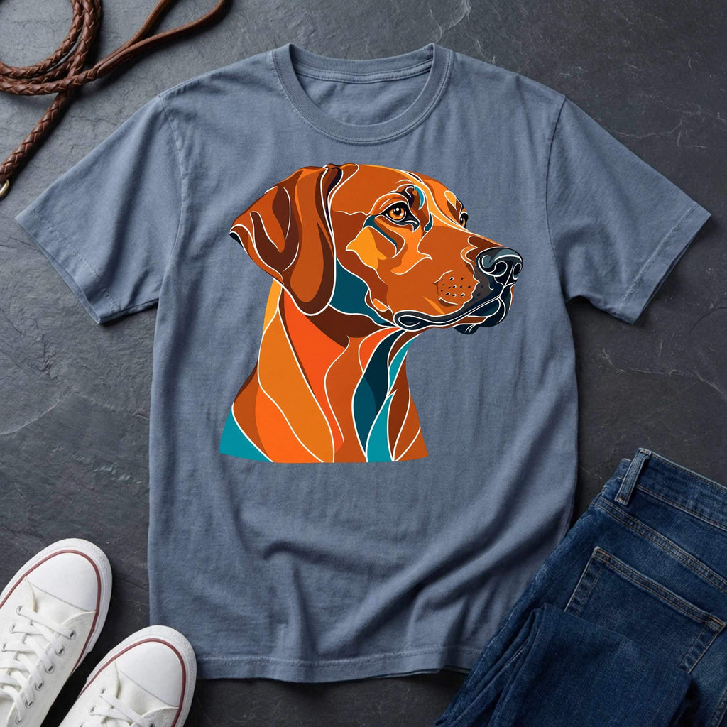  Rhodesian Ridgeback Pop Art t-shirt design featuring a vibrant flat-vector color-block portrait of a Rhodesian Ridgeback on a Comfort Colors tee