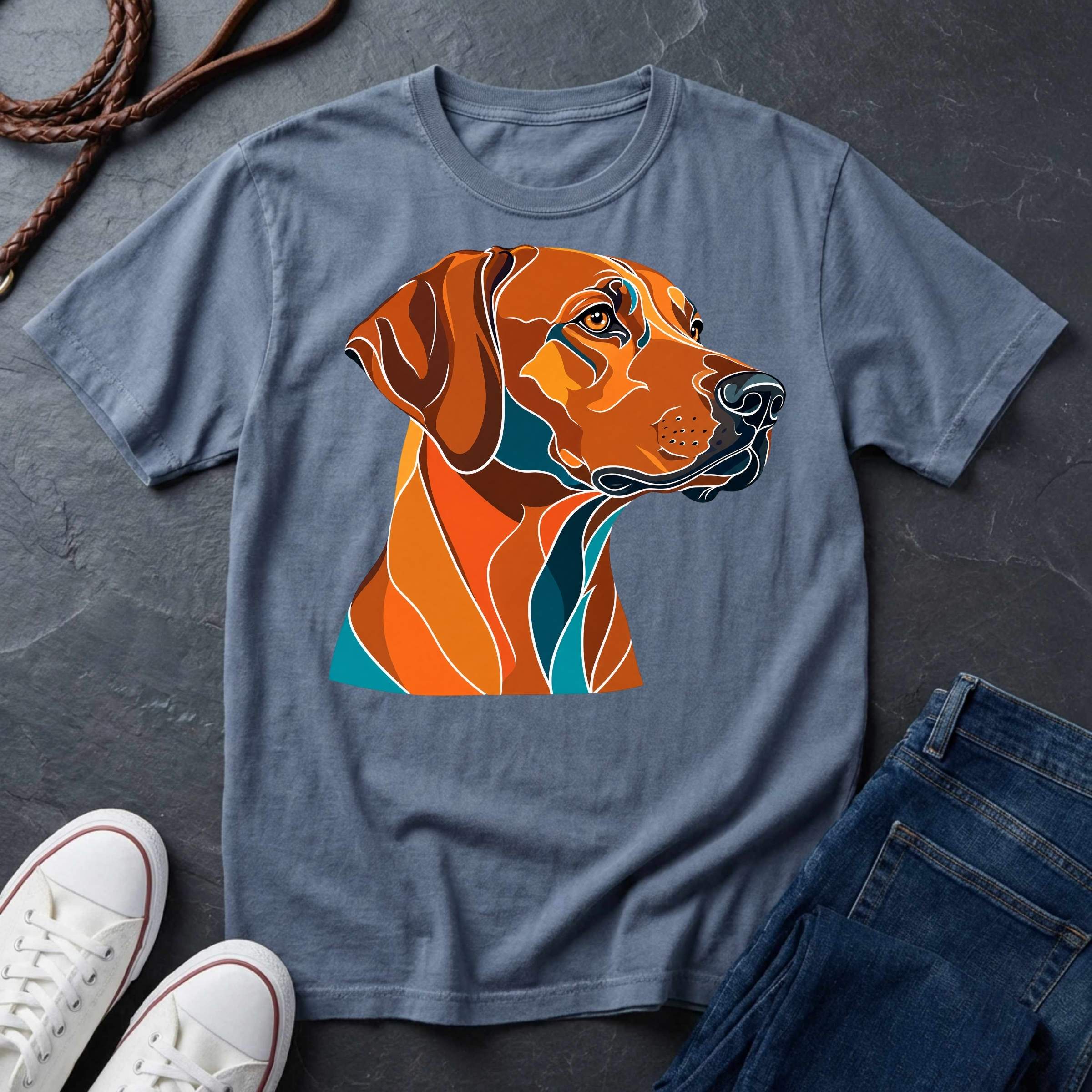  Rhodesian Ridgeback Pop Art t-shirt design featuring a vibrant flat-vector color-block portrait of a Rhodesian Ridgeback on a Comfort Colors tee