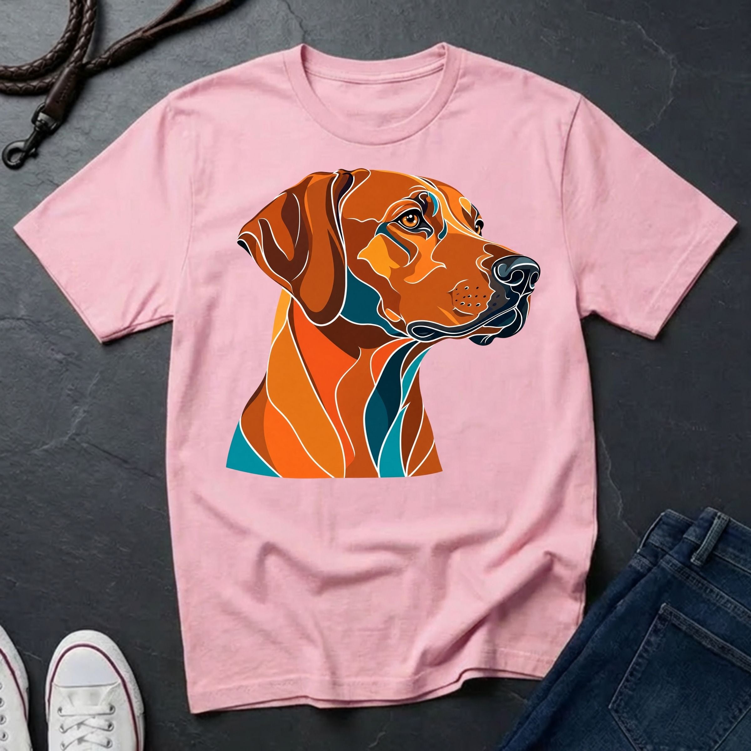  Rhodesian Ridgeback Pop Art t-shirt design featuring a vibrant flat-vector color-block portrait of a Rhodesian Ridgeback on a Comfort Colors tee