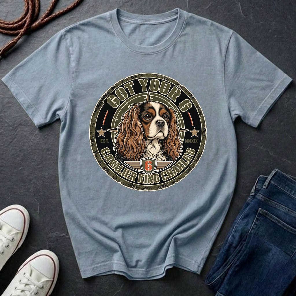 Cavalier King Charles Spaniel Got Your 6 t-shirt design featuring a distressed tactical badge with a Cavalier portrait and "Got Your 6" military stencil text on a Comfort Colors tee