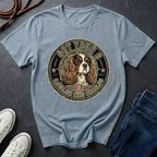 Cavalier King Charles Spaniel Got Your 6 t-shirt design featuring a distressed tactical badge with a Cavalier portrait and "Got Your 6" military stencil text on a Comfort Colors tee