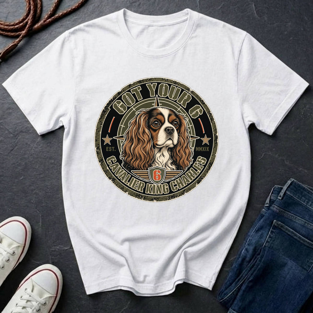 Cavalier King Charles Spaniel Got Your 6 t-shirt design featuring a distressed tactical badge with a Cavalier portrait and "Got Your 6" military stencil text on a Comfort Colors tee