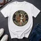 Cavalier King Charles Spaniel Got Your 6 t-shirt design featuring a distressed tactical badge with a Cavalier portrait and "Got Your 6" military stencil text on a Comfort Colors tee