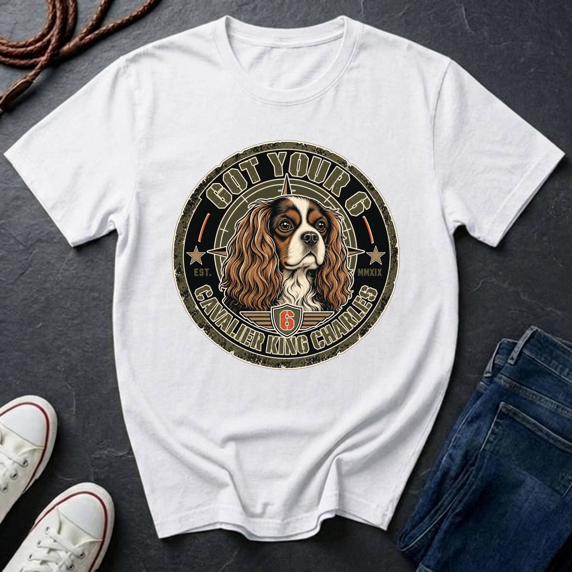 Cavalier King Charles Spaniel Got Your 6 t-shirt design featuring a distressed tactical badge with a Cavalier portrait and "Got Your 6" military stencil text on a Comfort Colors tee