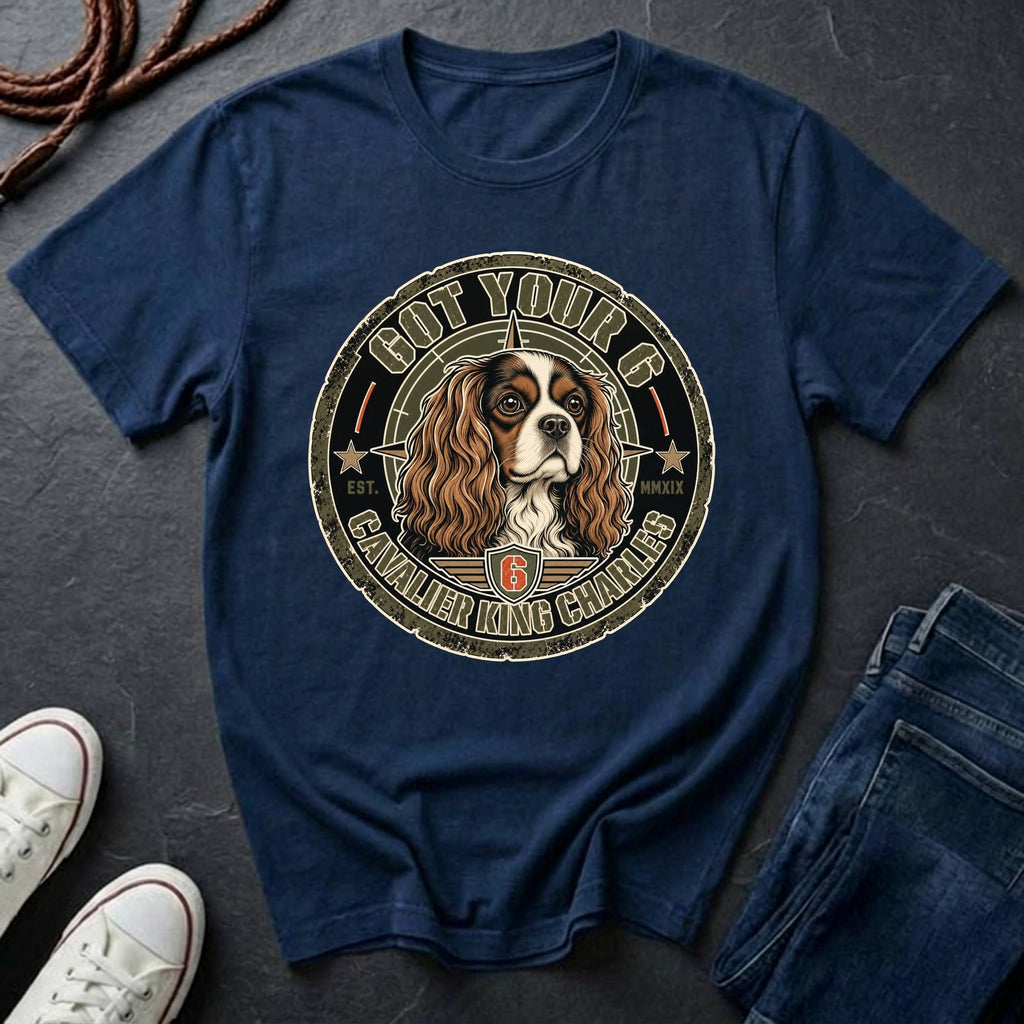 Cavalier King Charles Spaniel Got Your 6 t-shirt design featuring a distressed tactical badge with a Cavalier portrait and "Got Your 6" military stencil text on a Comfort Colors tee