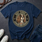 Cavalier King Charles Spaniel Got Your 6 t-shirt design featuring a distressed tactical badge with a Cavalier portrait and "Got Your 6" military stencil text on a Comfort Colors tee