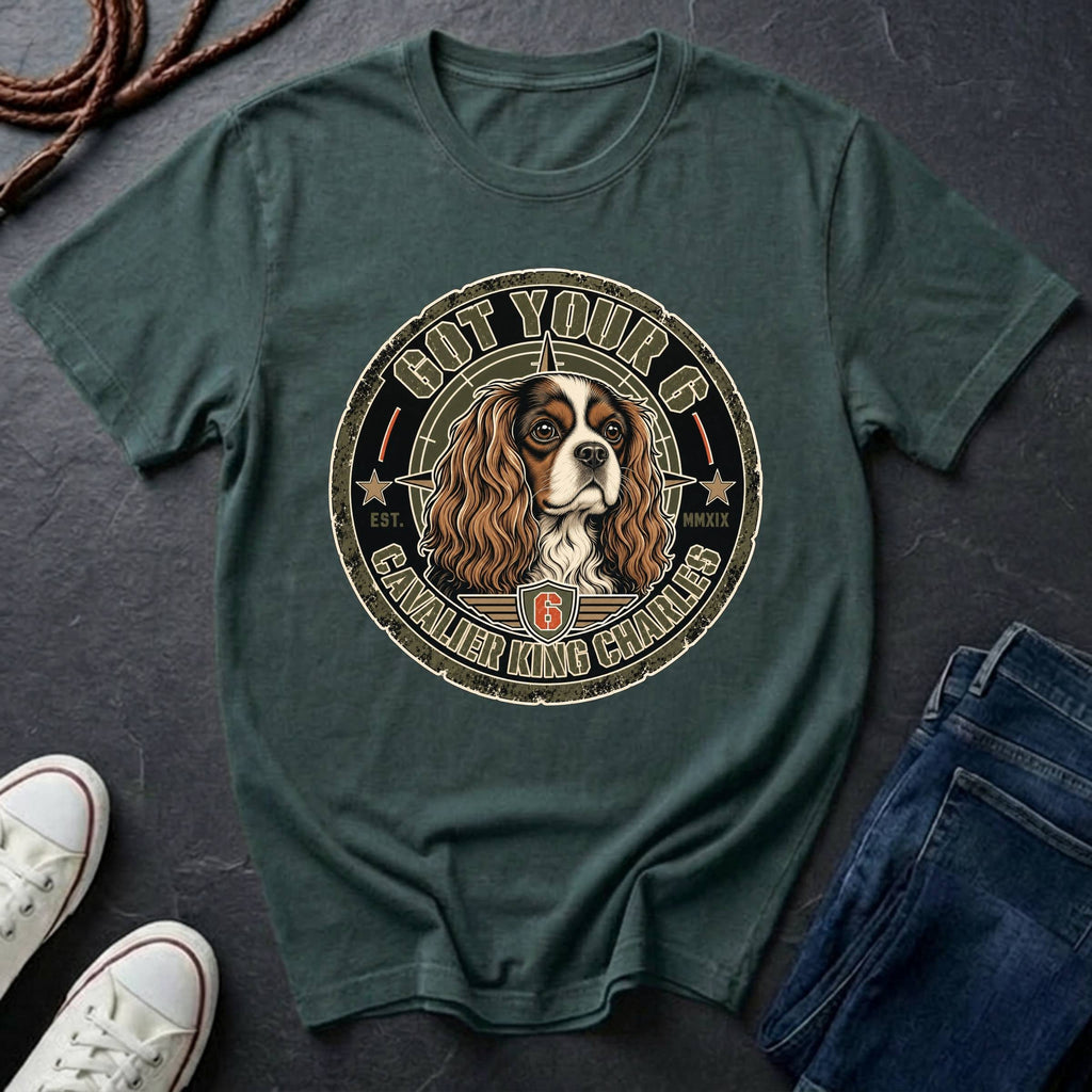 Cavalier King Charles Spaniel Got Your 6 t-shirt design featuring a distressed tactical badge with a Cavalier portrait and "Got Your 6" military stencil text on a Comfort Colors tee