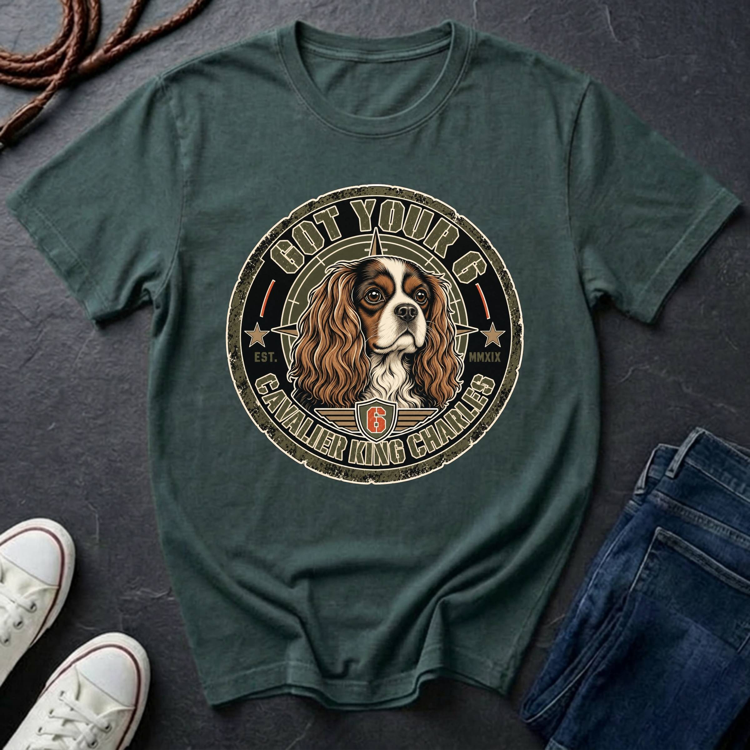 Cavalier King Charles Spaniel Got Your 6 t-shirt design featuring a distressed tactical badge with a Cavalier portrait and "Got Your 6" military stencil text on a Comfort Colors tee